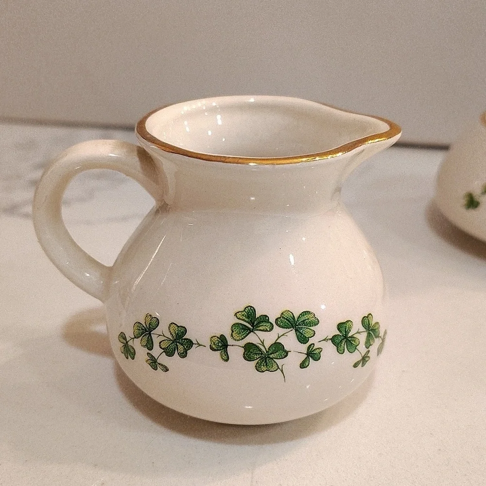 Carrigcraft County Cork Ireland  creamer sugar clover print white green gold rim